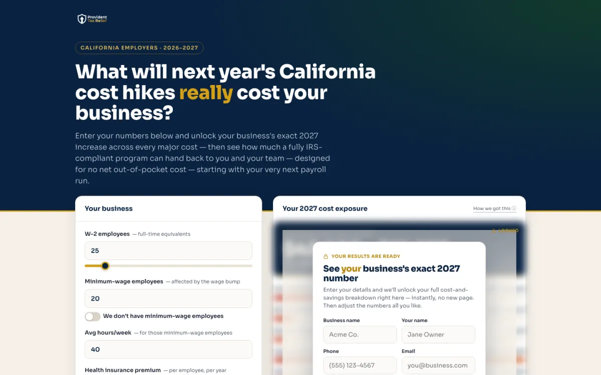 The Provident Tax Relief website and its 2027 cost calculator